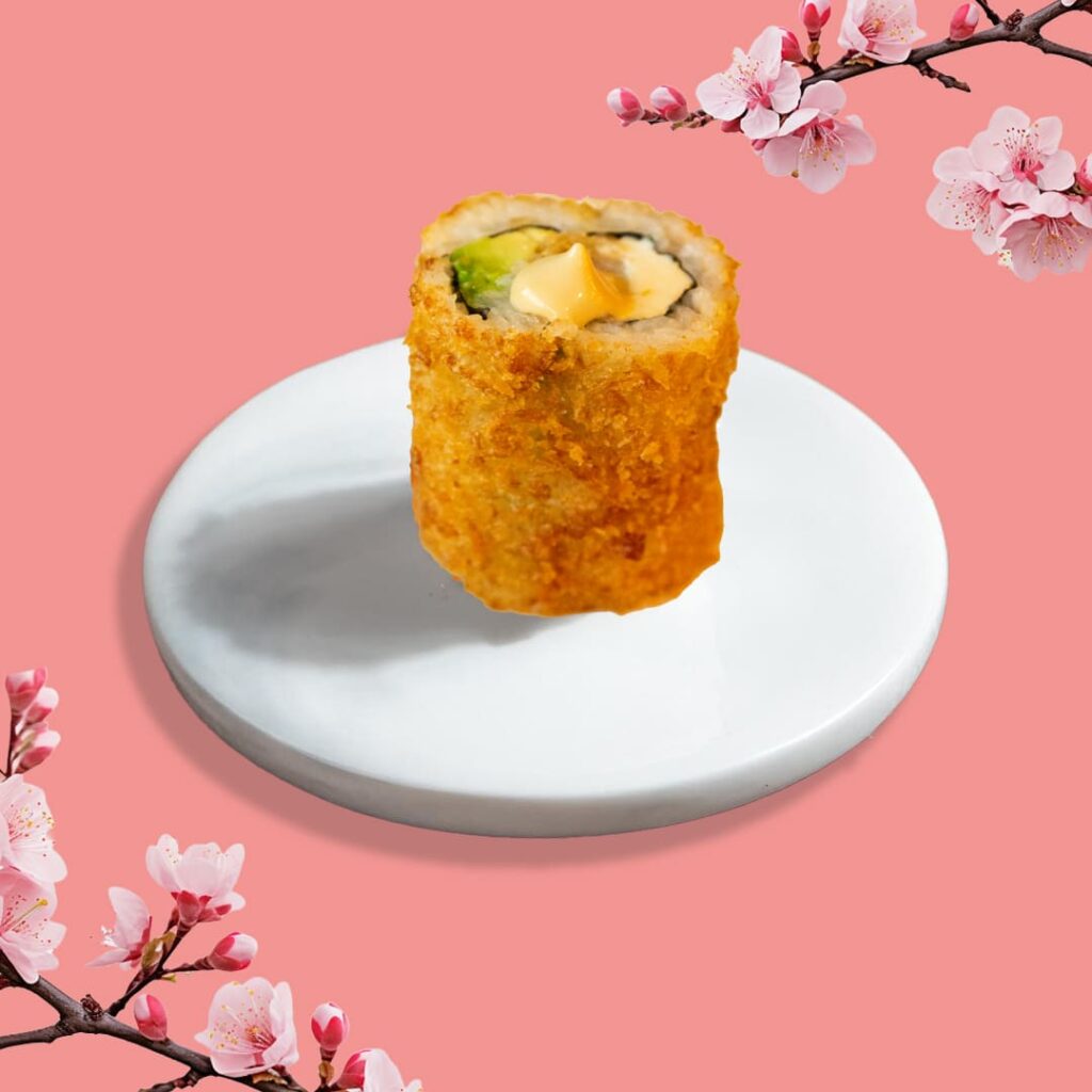California frits avec crevette tempura, avocat, fromage blanc, oignons frits et sauce maison - spécialité de Tastyrice - california sushi frits