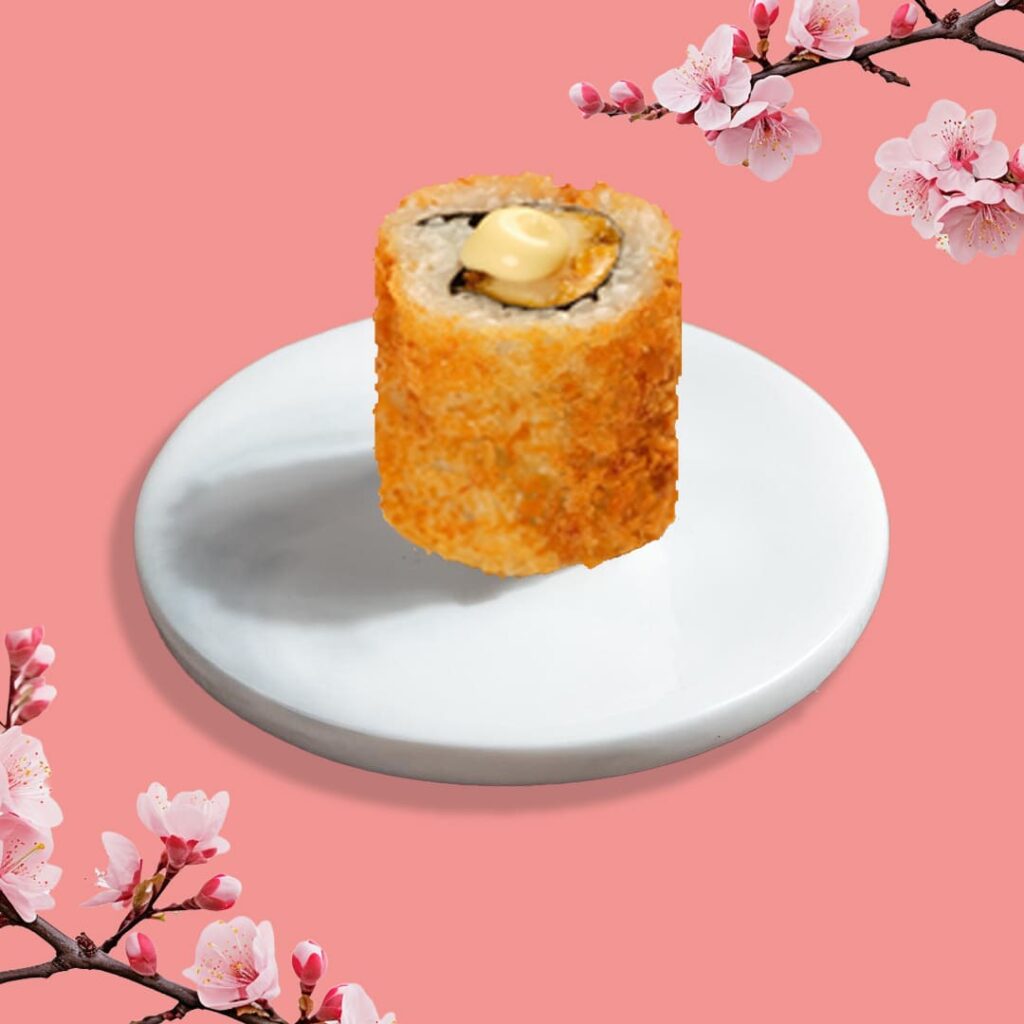 California frits avec poulet croustillant, cheddar, sésame grillé, sauce maison et teriyaki - spécialité Tastyrice - california sushi frits