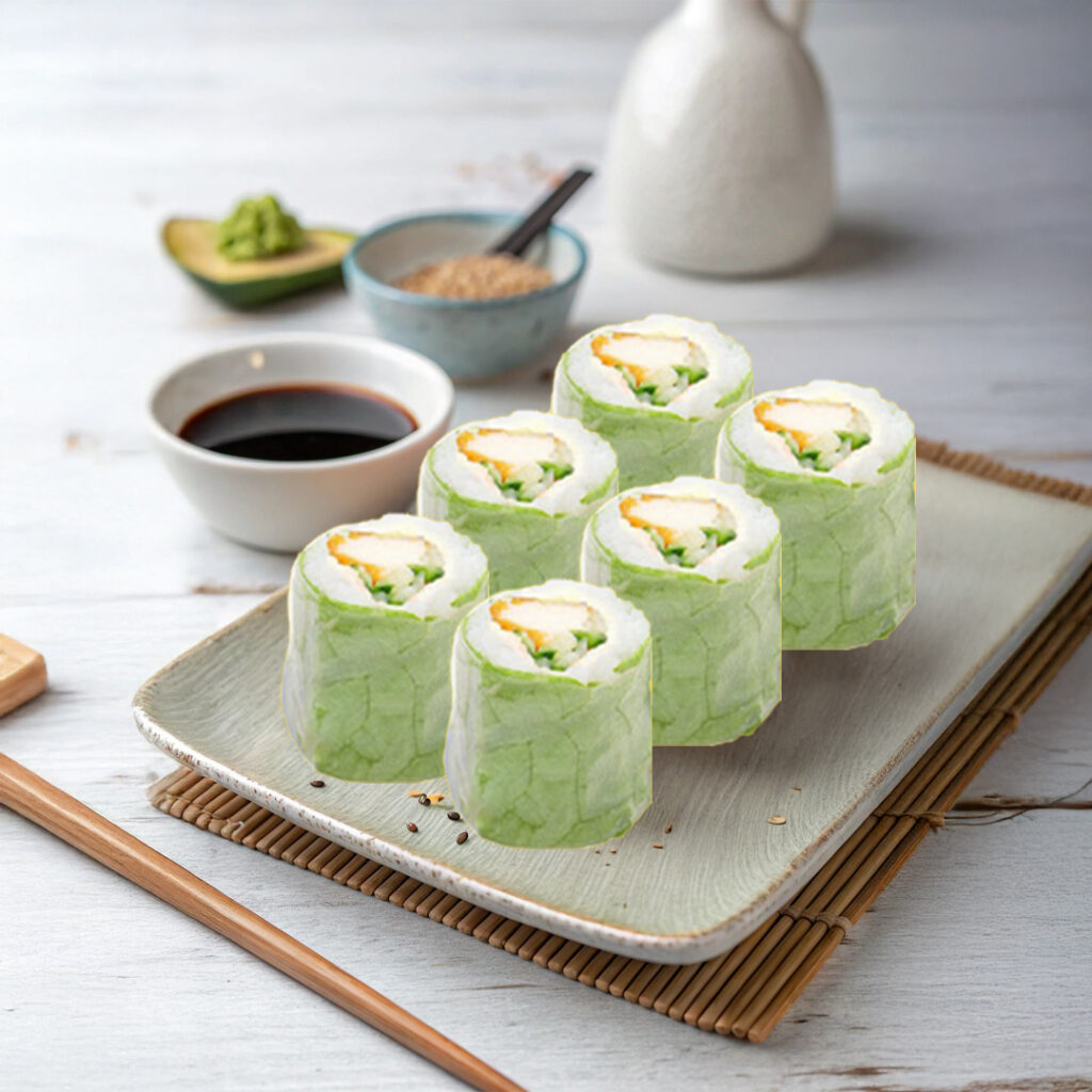 Makis green Tastyrice garni de poulet croustillant, riz vinaigré et feuilles de salade. - Sushi Paris - Sushi Bordeaux