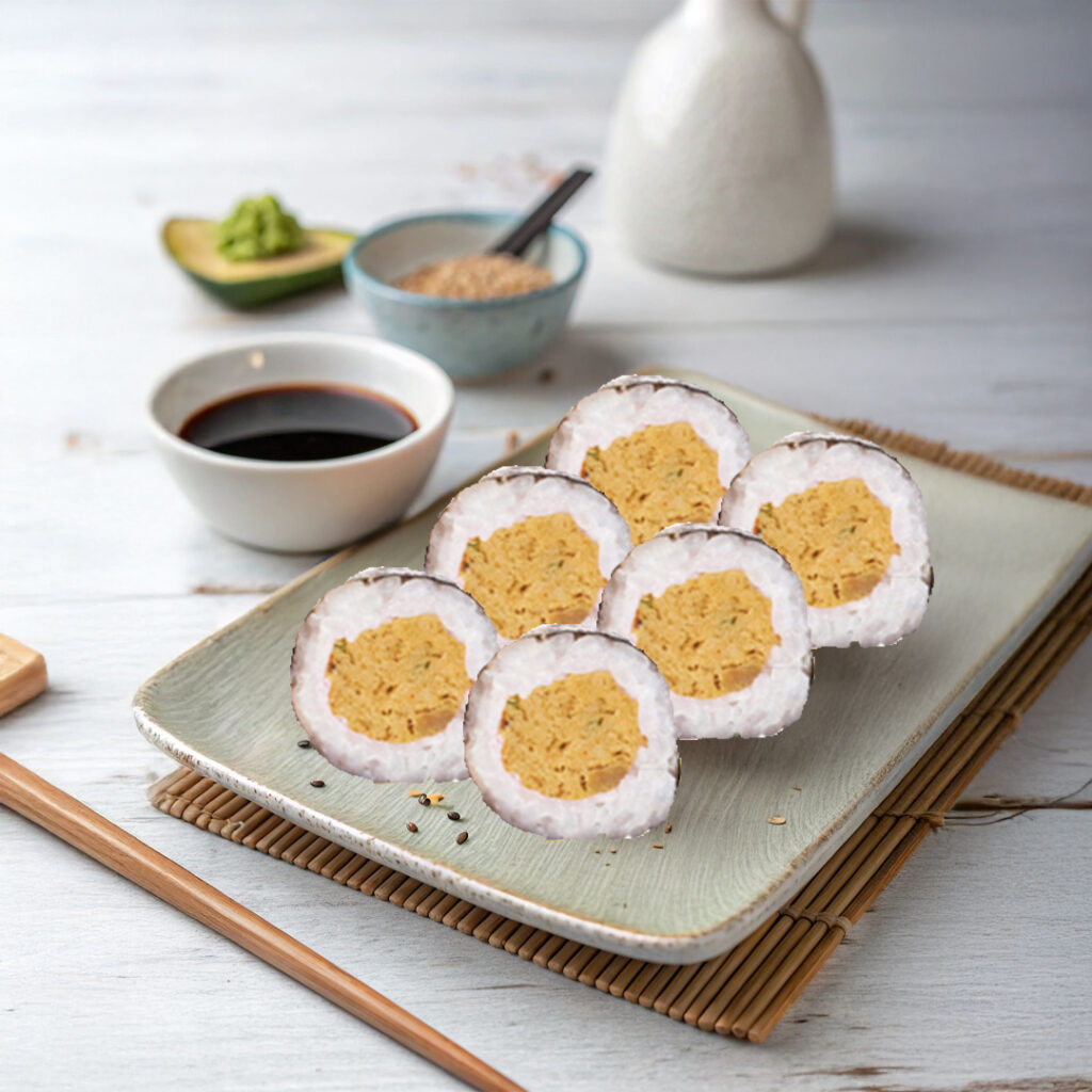 Makis Tastyrice garni de thon cuit, entouré de riz et nori, servi avec sauce soja. - Sushi Paris - Sushi Bordeaux