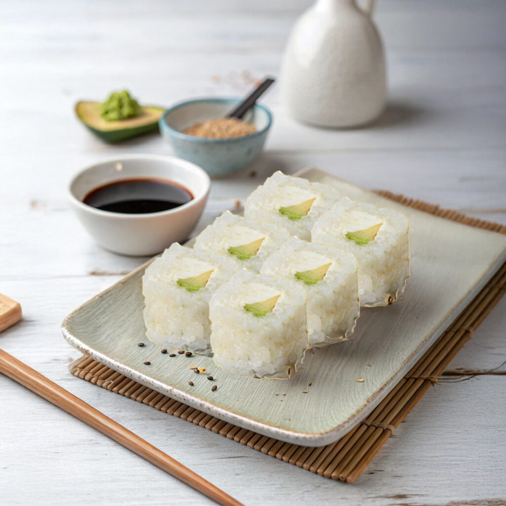 Makis white Tastyrice à l’avocat, enrobé de riz blanc et présenté sur assiette. - Sushi Paris - Sushi Bordeaux