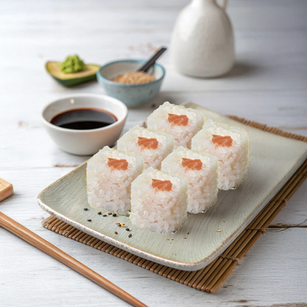 Makis white Tastyrice au saumon frais, entouré de riz blanc. - Sushi Paris - Sushi Bordeaux