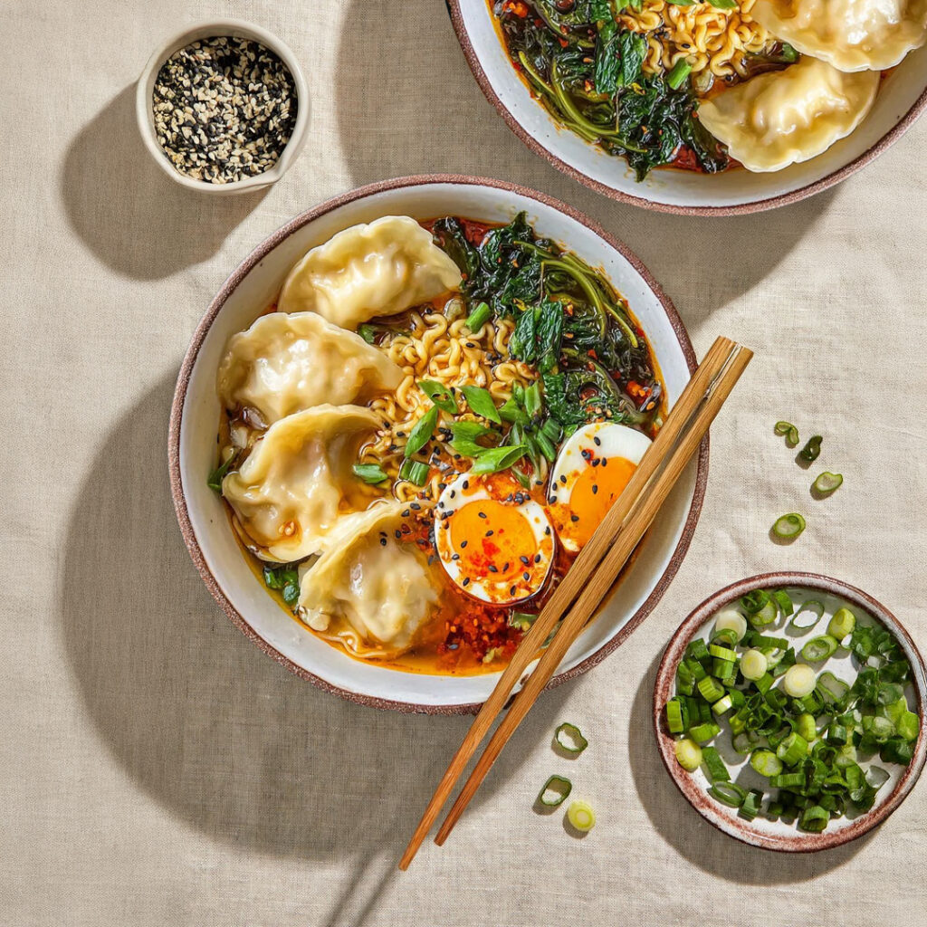Ramens : bol de nouilles Tastyrice accompagné de gyozas grillés, œuf et légumes dans un bouillon savoureux. - Ramen Paris - Ramen Bordeaux