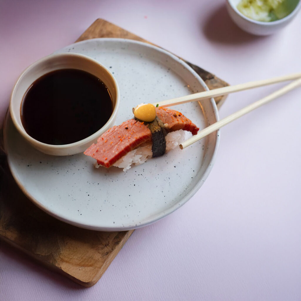 Sushi Tastyrice au bœuf flambé, garni de sauce maison et présenté avec sauce soja. - Sushi Paris - Sushi Bordeaux
