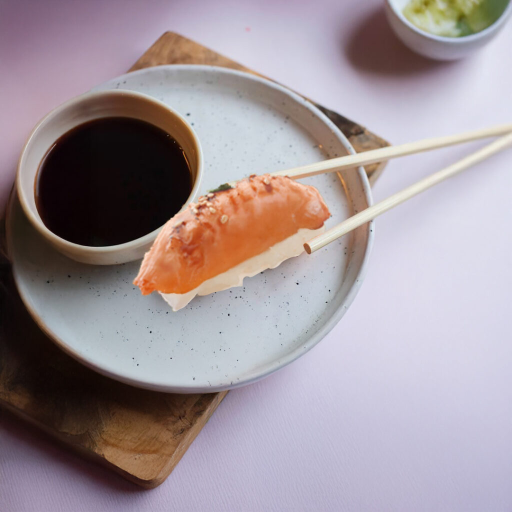 Sushi Tastyrice au saumon flambé, déposé sur riz vinaigré avec sauce soja. - Sushi Paris - Sushi Bordeaux