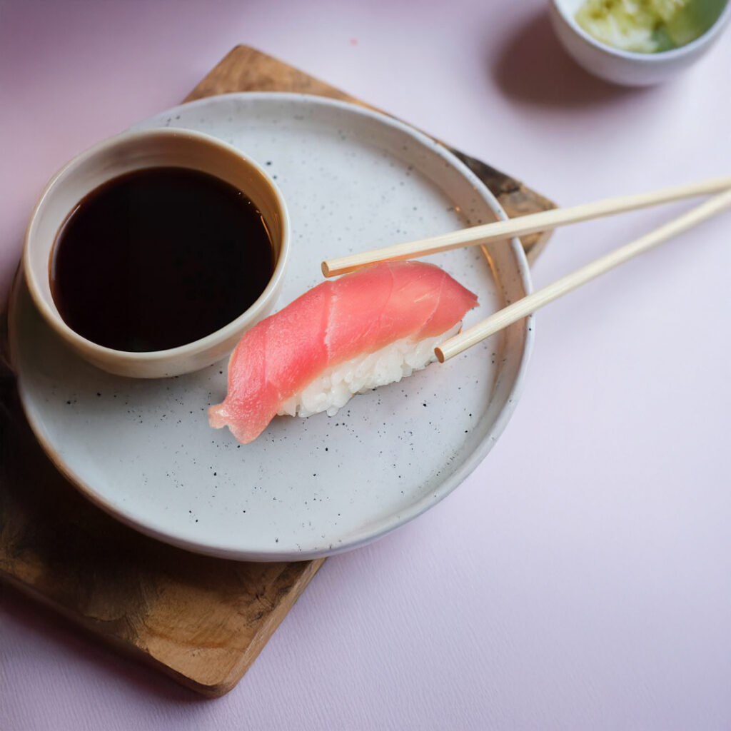 Sushi Tastyrice au saumon frais, présenté sur assiette avec sauce soja. - Sushi Paris - Sushi Bordeaux