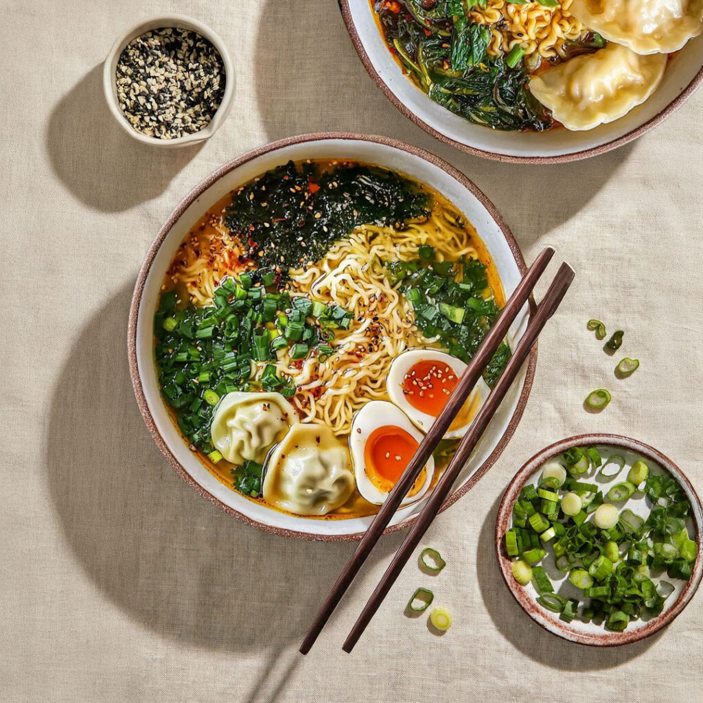 Ramens : bol de nouilles Tastyrice accompagné de gyozas grillés, œuf et légumes dans un bouillon savoureux. - Ramen Paris - Ramen Bordeaux